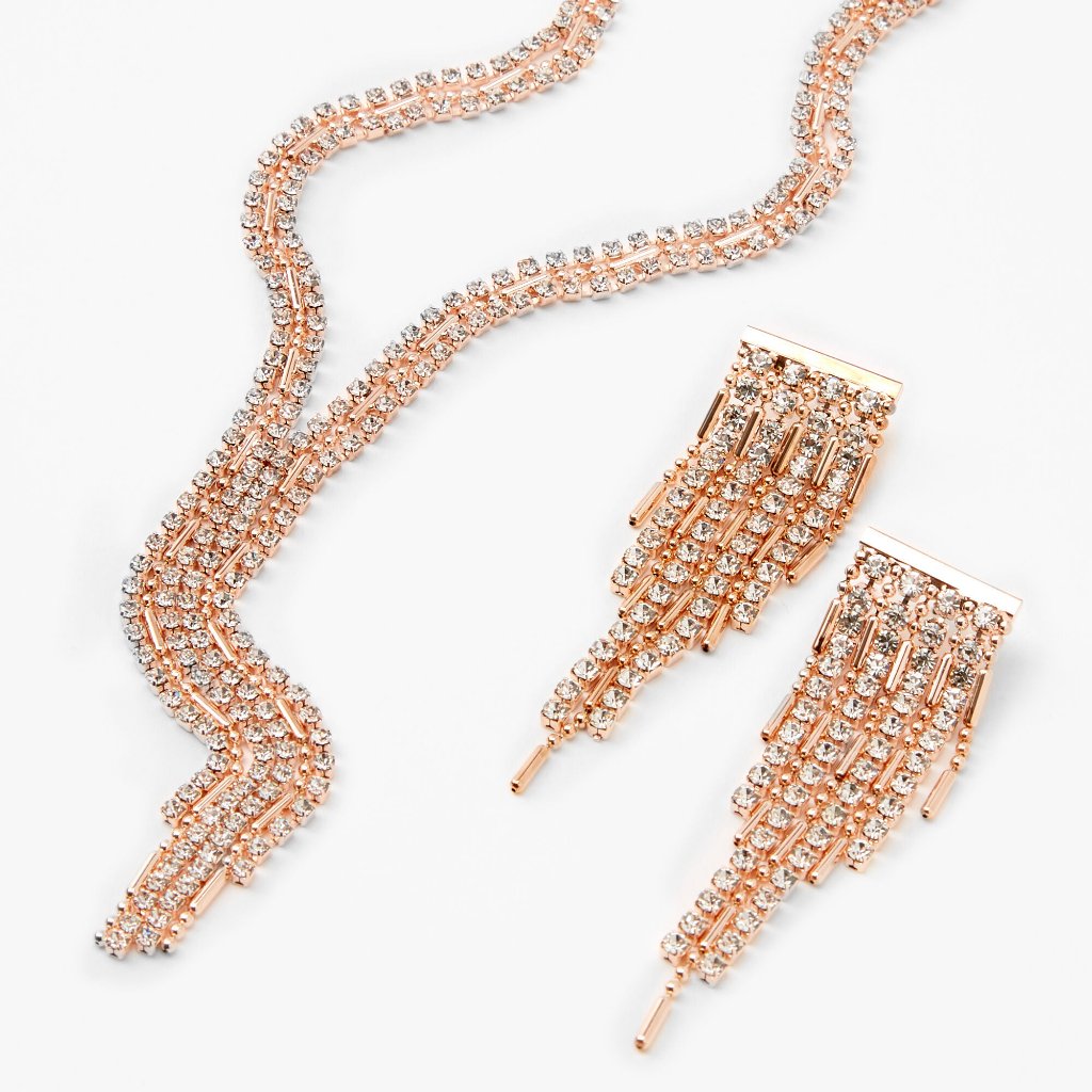 New Rose Gold Rhinestone Chandelier Y-Neck Jewelry Set Earrings Necklace 27$